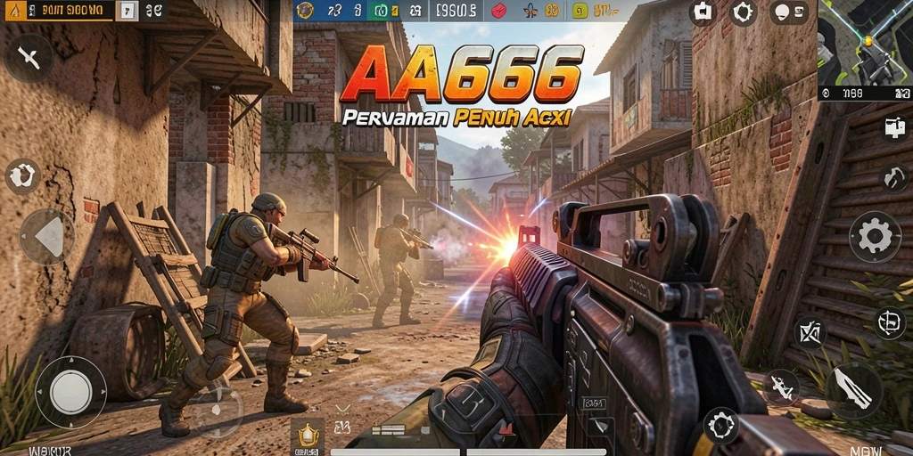 Screenshot AA666 menunjukkan aksi tembak-menembak yang intens.