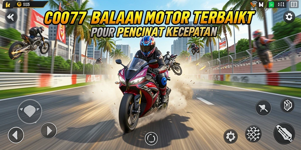 Screenshot C0077 menampilkan aksi balap motor yang mendebarkan.