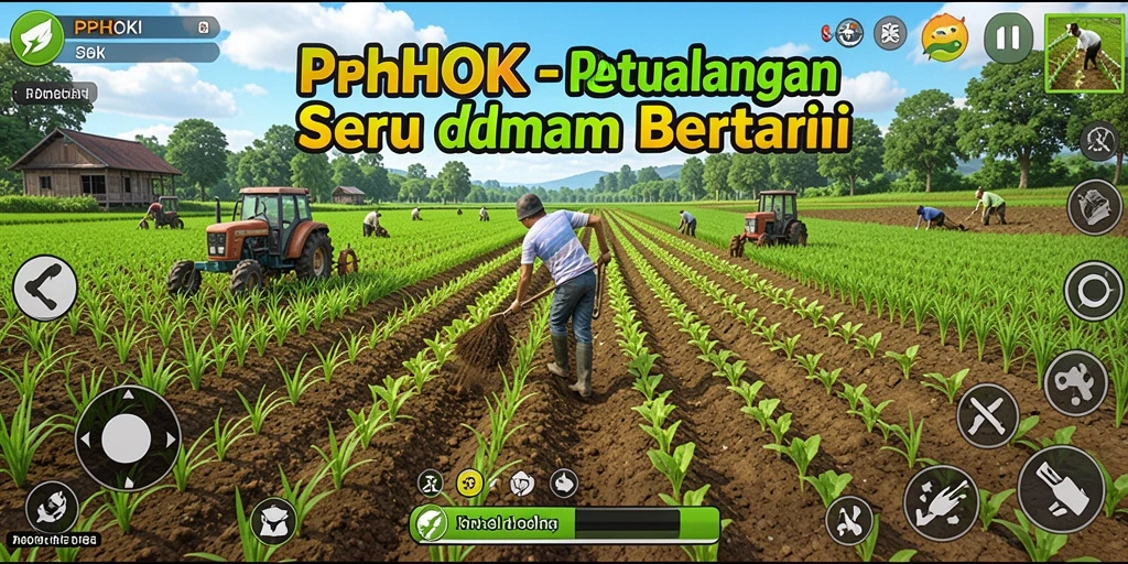 Screenshot gameplay PPHOKI dengan ladang yang subur dan hewan ternak.