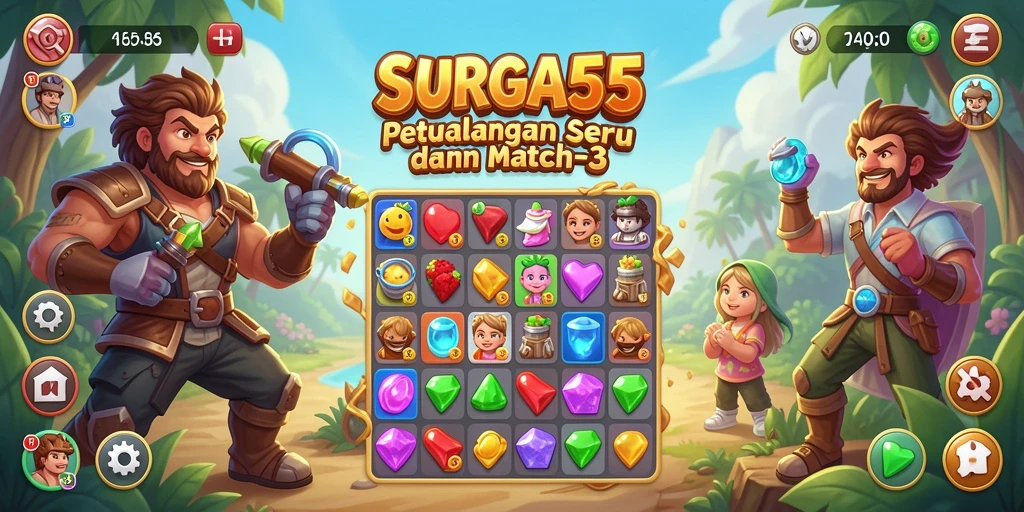 Screenshot SURGA55 menampilkan gameplay seru dengan kombinasi permata yang berwarna-warni.