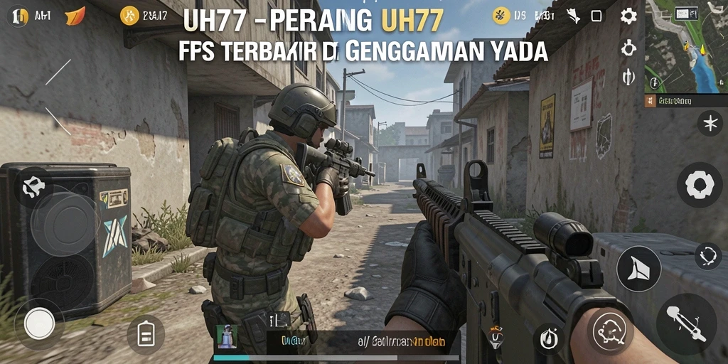 Tampilan gameplay UH77 menampilkan pertempuran FPS yang intens dan mendebarkan.